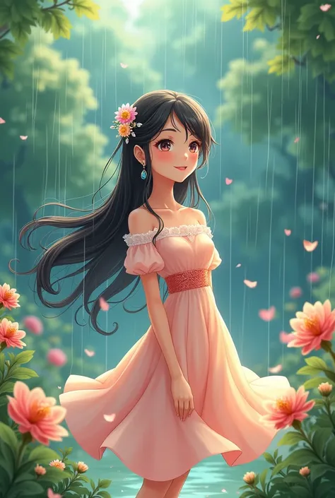 Beautiful girl ( wear earring , a beautiful hair pin)standing and enjoying in rain with beautiful dress , background (flowers,trees) ( cartoon, anime).