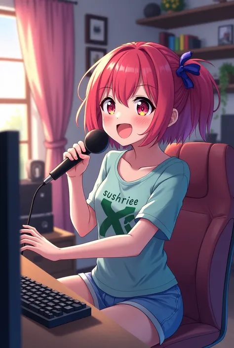 A anime girl singing in her gaming room holding a mic and there is written "sushriee"