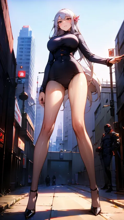 masterpiece,best quality,high resolution, 1 busty girl,From below,(The legs are very thin and straight)，,(Very long legs，Straight Legs),,High heel,Long legs,stand up, Leg length（From the front）, Perfect body,Have perfect legs,(bait)，Full body female，Cyberp...