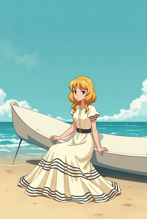 Cinderella on the beach, wearing a long cream-colored dress, black and white striped, while sitting holding the canoe, estilo anime 80