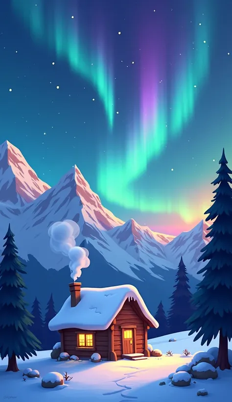 Create a cartoonish image of a cabin in the middle of mountains under the Northern Lights with a starry sky