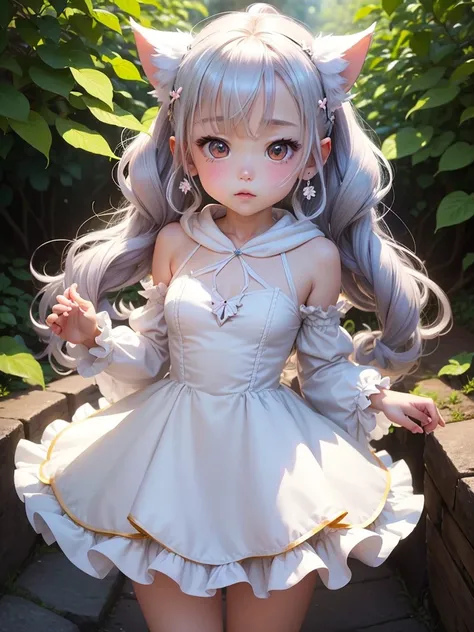 whole bodyを映す,cute little fairy、、Fairy Wings、, , Hime cut,  whole body、Pointed Ears、Puff sleeve dress！Fluffy skirt、leaf、flower, , 、Crystal Earrings, Natural curls, , Lots of white space, Animal shaped hood, leafのヘアアクセサリー, Anatomically correct, , Heart-shap...