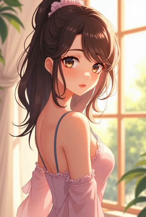 Fille style animé avec belles formes , petite brune cheveux lisse, métisse, ont peut y voir tout son corps sur la photo et de dos