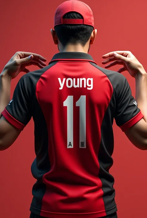 Create cricket shirt in colour red and black and write name on shirt "young 11" pack hands full and show their front and backside