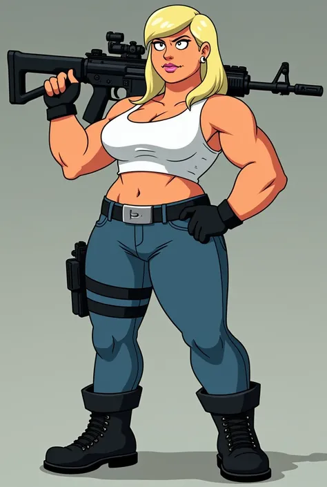 A tall, buff female Family Guy character that has blonde hair, wearing a white tank top, blue jeans with a black colored belt, and black boots. She is holding an M249 SAW on her shoulder with one arm while flexing her big muscles with her other arm