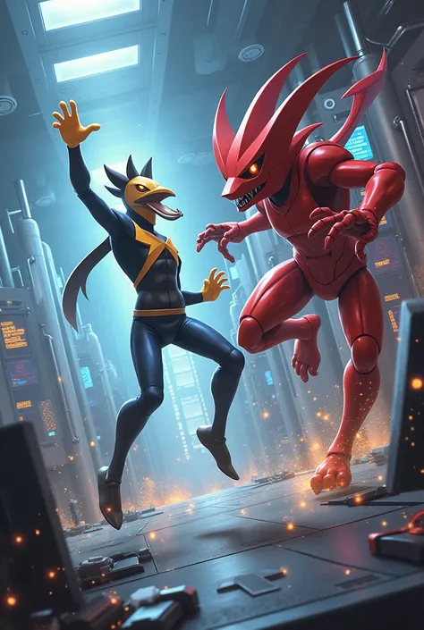 Alakazam and Scizor face off in a high-tech laboratory. Alakazam uses its psychic powers to manipulate the tools and machines around it, while Scizor dashes with lightning speed, using its steel pincers to cut through any obstacles.