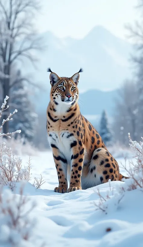 There is snow everywhere and a leopard cat is standing here.image in real hd.