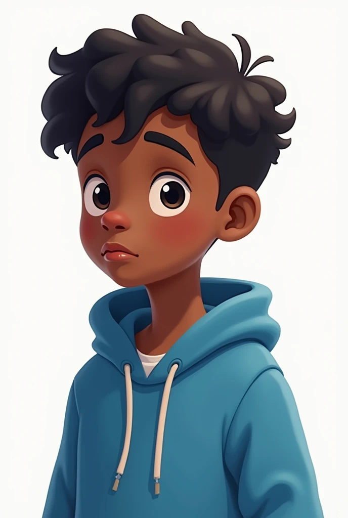 A dark-skinned male boy with a blue sweatshirt with a low hood and drawstrings and short curly hair with his entire body head to toe in a 2D cartoon style. 