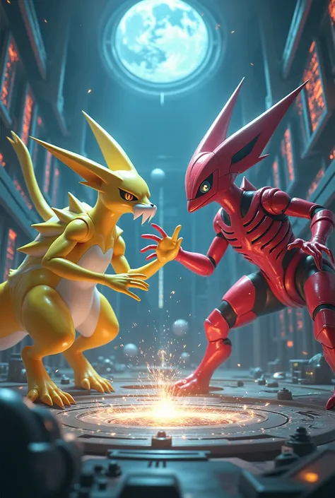 Alakazam and Scizor face off in a high-tech laboratory. Alakazam uses its psychic powers to manipulate the tools and machines around it, while Scizor dashes with lightning speed, using its steel pincers to cut through any obstacles.