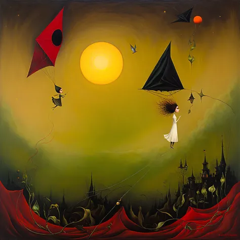 Aesthetic Surrealism painting, fusion of techniques, palette, styles by Esao Andrews, Aubrey Beardsley, Leonora Carrington, Surrealistic landscape, foreground of a girl floating on a kite in a dreamlike environment, detailed facial features. Aesthetic surr...