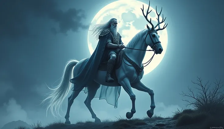 Grey haired Odin, ethereal, costume dress, Divine white horse, with eight legs on a full moon night