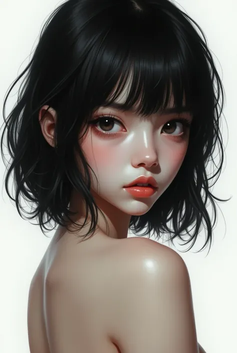 masterpiece, best quality, ultra-detailed, best shadow, beautiful detailed face, beautiful detailed eyes, high contrast, 1girl, petite, (flat chest), bangs, hair over one eye, black, bare shoulders, white background:1.3, (face focus:1.3, eye close-up:1.3),...