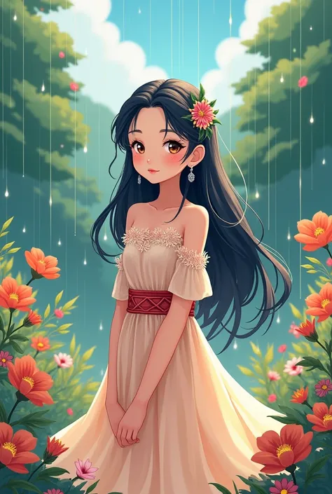 Beautiful girl ( wear earring , a beautiful hair pin)standing and enjoying in rain( ever rain drop are visible) with beautiful dress , background (flowers,trees) ( cartoon, anime).