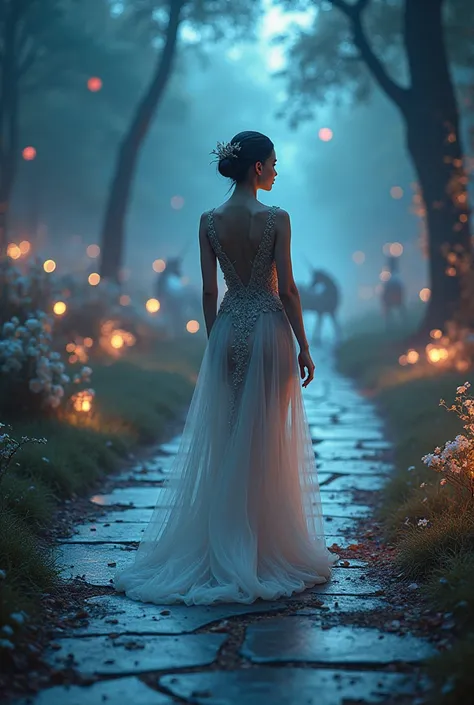 An Award-Winning Masterpiece (photorealistic), photograph, vogue, The Enchanted Path
Setting: The sexy, sensual almost nude model walks down a winding path lined with glowing flowers and luminescent plants. Small, glowing orbs float in the air, and unicorn...