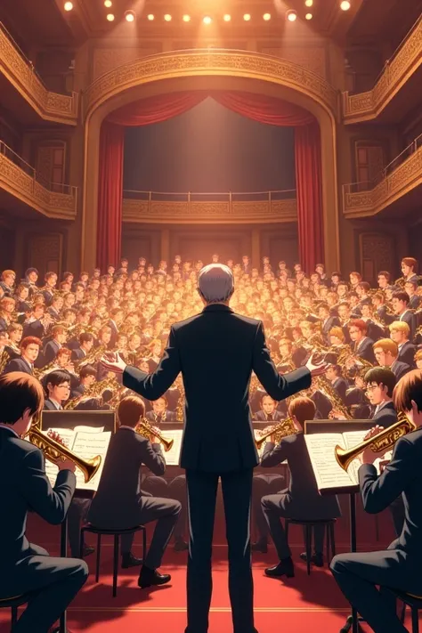 Anime-style brass band hall with 100 people playing instruments. The conductor is a man wearing glasses.