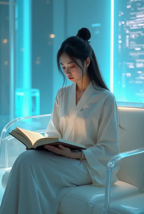 A gracefully poised young Chinese female teacher sits on a translucent csofa, appearing immensely at ease as she immerses herself in a book. The futuristic and cyber vibe emanates from the sleek, modern surroundings, creating a mesmerizing scene. The backg...