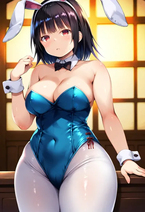 score_9, score_8_up, score_7_up, source_anime, masterpiece, absurdres, perfect face, solo cute expression, perfect face, FujisakaLP, 1girl, solo, black hair, animal ears, red eyes, looking at viewer, bangs, short hair, wolf ears, bob cut, wide thighs, wide...