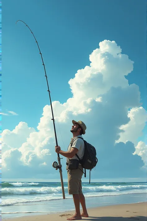 Excited fisherman on the shore looking at the clouds