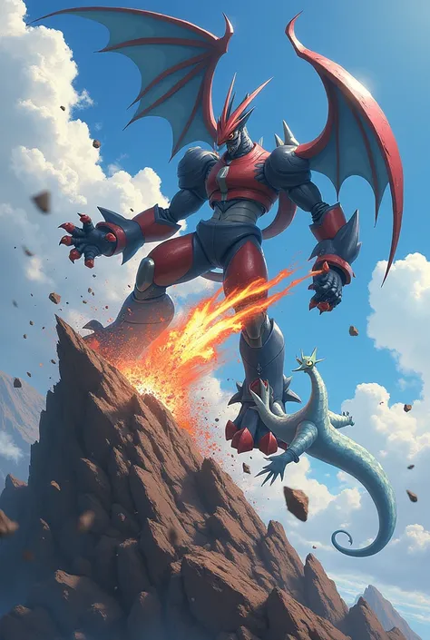 Metagross and Salamence battle atop a crumbling mountain. Metagross uses its psychic abilities to predict and counter Salamence’s aerial assaults, while Salamence circles above, raining down dragon fire and swooping in with powerful attacks.