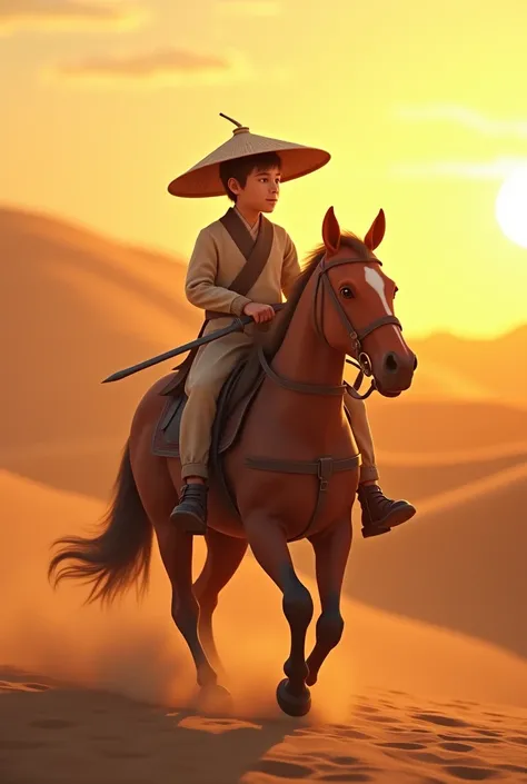 Knight，3D Stereoscopic，A boy wearing a bamboo hat and holding the reins is riding on a horse，Wearing ancient linen clothing，Carrying the sword with the handle exposed，Walking in the desert at sunset，Sand，Anthropomorphic，Knight style，Majestic，32K，Realism，OC...