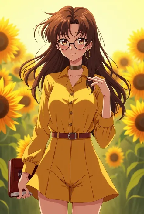 wicked girl, brown hair,  sunflower background, hold a book, wearing glasses, yellow clothes, sailor moon drawing style