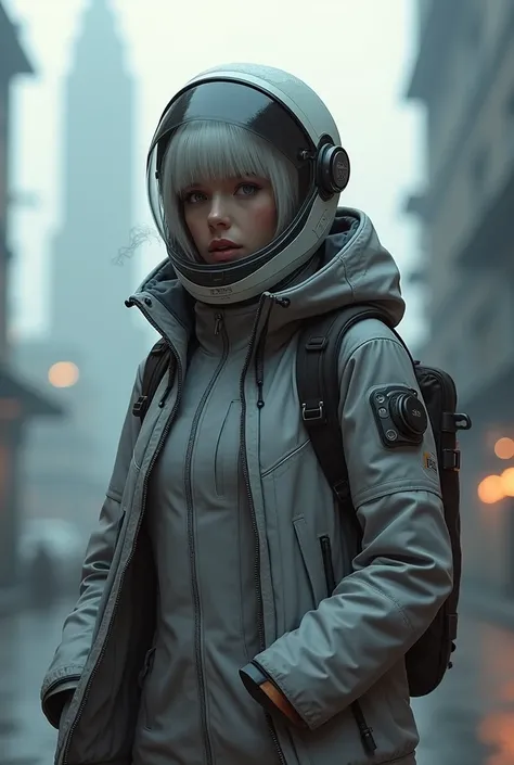 1girl, hood, solo, spacesuit, short_hair, bangs, jacket, upper_body, white_hair, bag, blurry, coat, grey_eyes, blurry_background, backpack, zipper, urban techwear, smoking