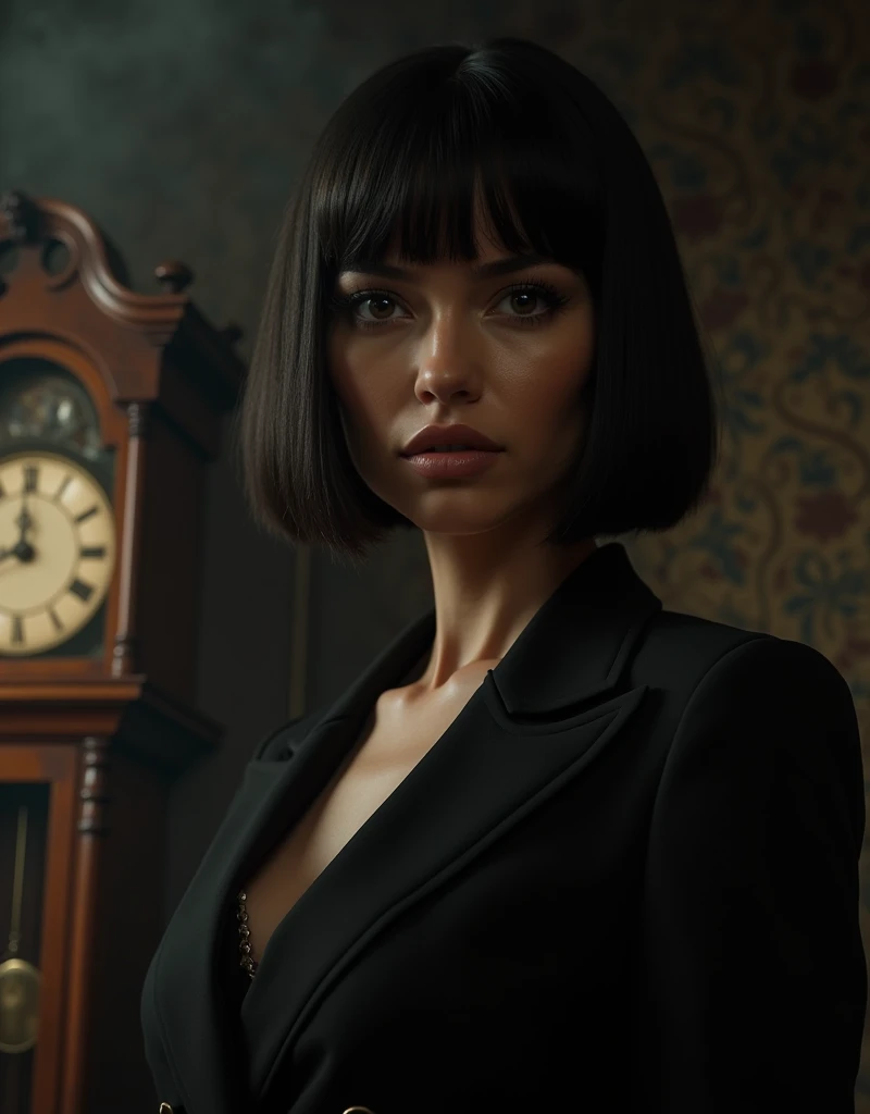 A close-up shot of the powerful female mafia boss, her piercing gaze commanding attention as she stands firm in a dimly lit, smoke-filled room. The only sound is the soft crackle of cigar smoke and the ticking of a grandfather clock. Her cold, calculating ...