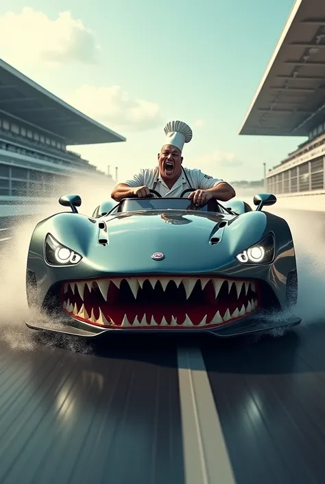 Une voiture de course avec des yeux et des dents de requins un chef cuisinier en colere les yeux revulser