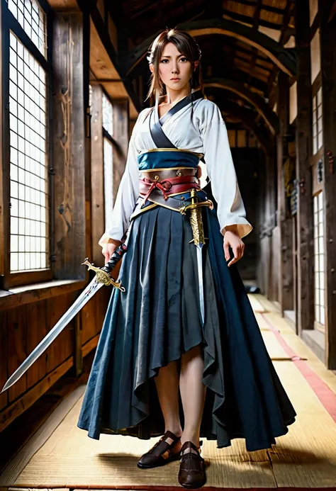 Japanese anime style. woman. middle ages. Europe. Fantasy. skirt. sword. Are standing. whole body. From below.  