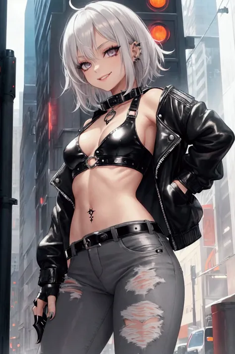 solo, female, medium shot, sfw, short messy white hair, silver eyes, tight torn black jeans, leather collar, leather jacket, bare midriff, piercing, small breasts, fun pose, metallic claws, cocky smile, glowing tattoo, midriff, city, mascara