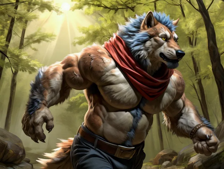 muscular feral:1.2 fat werewolf , posing for the camera. 4k, high resolution, best quality, perfect colors, perfect shadows, perfect lighting, posted on e621, blue pavo furry body, orange fur, white chest, black beard, feral wolf,love werewolf, blue hair ,...