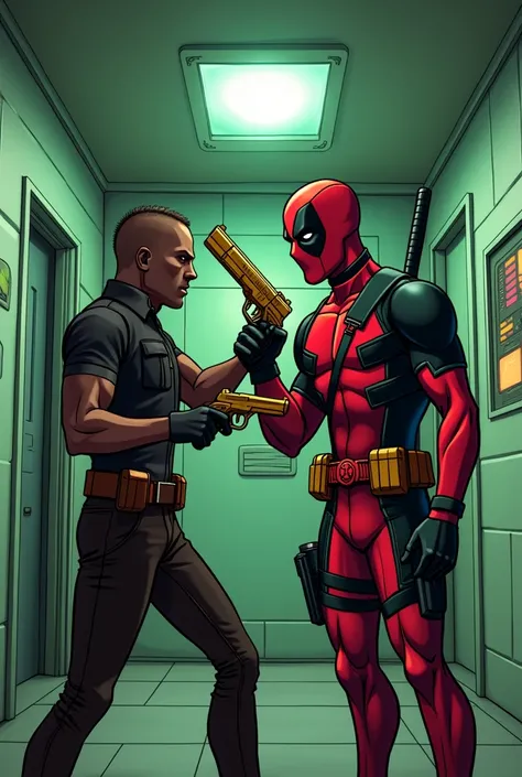 Deadpool killing a crew member the among us, as if he were an impostor with his two golden pistols in a tone as if he were in the video game among us on the ship The Skeld, give me 3 images cromakey more coffee