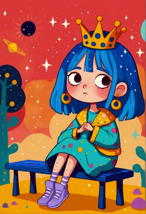 cartoon girl with blue hair and a crown sitting on a bench, procreate illustration, colorful illustration, colorfull illustration, colorful! character design, dreamy illustration, girl with blue hair, 2d illustration, 2 d illustration, illustrated in whims...