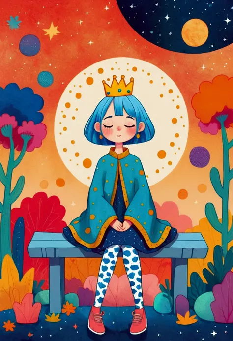 cartoon girl with blue hair and a crown sitting on a bench, procreate illustration, colorful illustration, colorfull illustration, colorful! character design, dreamy illustration, girl with blue hair, 2d illustration, 2 d illustration, illustrated in whims...