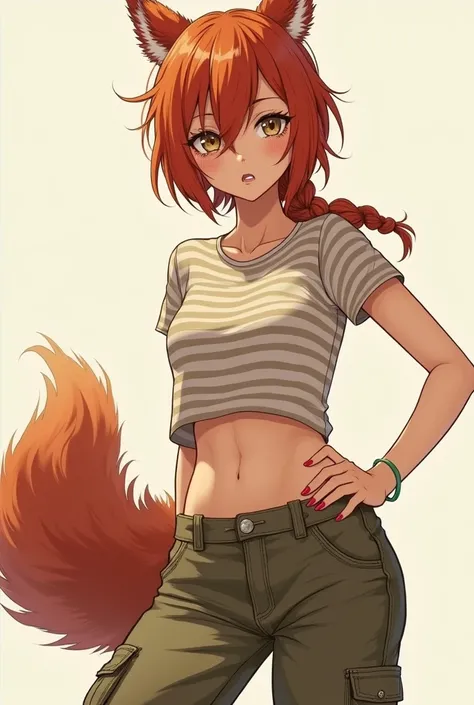 A small woman, reddish and disorganized hair with some braids, toned and slim body, cargo pants, striped t-shirt, all in warm tones, red squirrel ears and tail, anime style