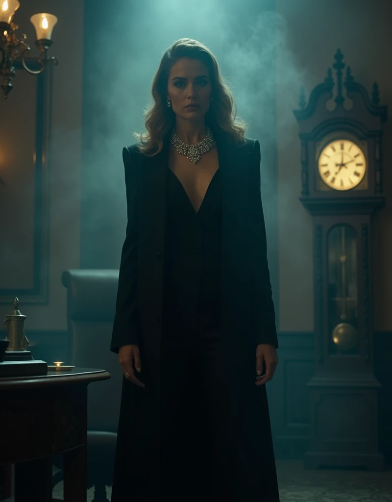 A cinematic shot of The Queen of the Underworld standing tall in a dimly lit, smoke-filled office. The ruthless femme fatale, dressed in a tailored black suit and diamond-encrusted necklace, gazes down at her trembling subordinate with an unyielding stare....