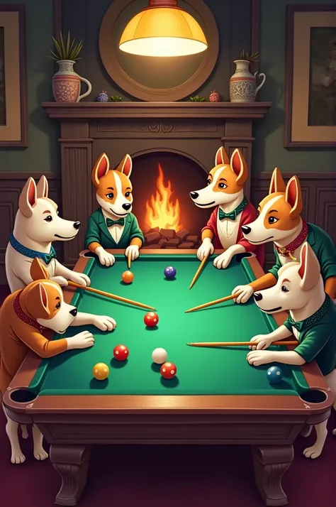 Some dogs playing billiards 