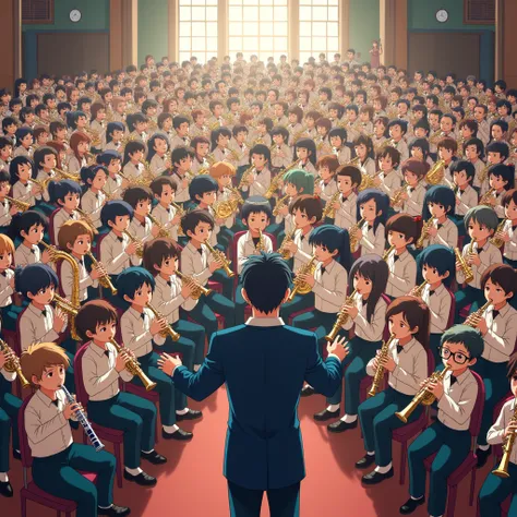 100 students playing musical instruments, male and female, anime style, brass band hall, clarinet, flute, conductor, man wearing glasses, looking back so that his face can be seen, looking this way