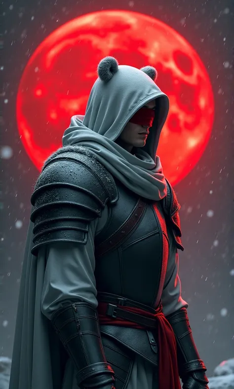 Profile of a male knight with a white hood with polar bear ears. Behind him shines the blood moon. The knight has a red blindfold on. It snows.