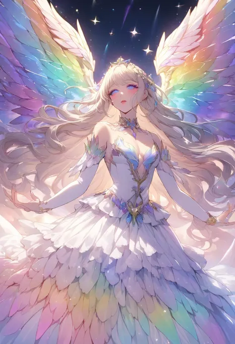 woman in a dream like world. Rainbow makeup. Majestic. Unreal. Rainbow wings. Incredible detail. Ultra high quality.