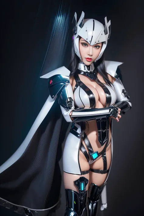 Super Detail, High Detail, high quality, best quality, High resolution，a female robot，Beautiful female robot,beautiful clear face(Rain waves_haneame：1.5)，mechanical body(whole body machinery，body curve，Large size chest)，Thick machine armor，high tech