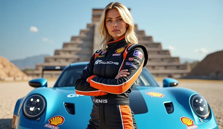 A pretty blonde woman in the foreground wearing a racing suit, standing confidently. Behind her, a blue Porsche 911 adorned with various sponsor logos is parked. The setting is in front of the ancient Mexican pyramids, with the iconic structures towering i...