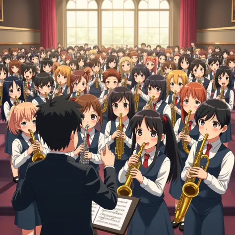 100 students playing musical instruments, men and women, having fun, anime style, brass band hall, clarinet, flute, conductor is a man wearing glasses, looking back so that his face can be seen, looking this way