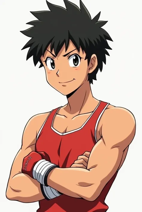 Generate an avatar with IPO Makunouchi who is 1 with a body of a flight from the anime first step with a kind look and a smile standing in the lower right corner standing in a rack two biceps in front