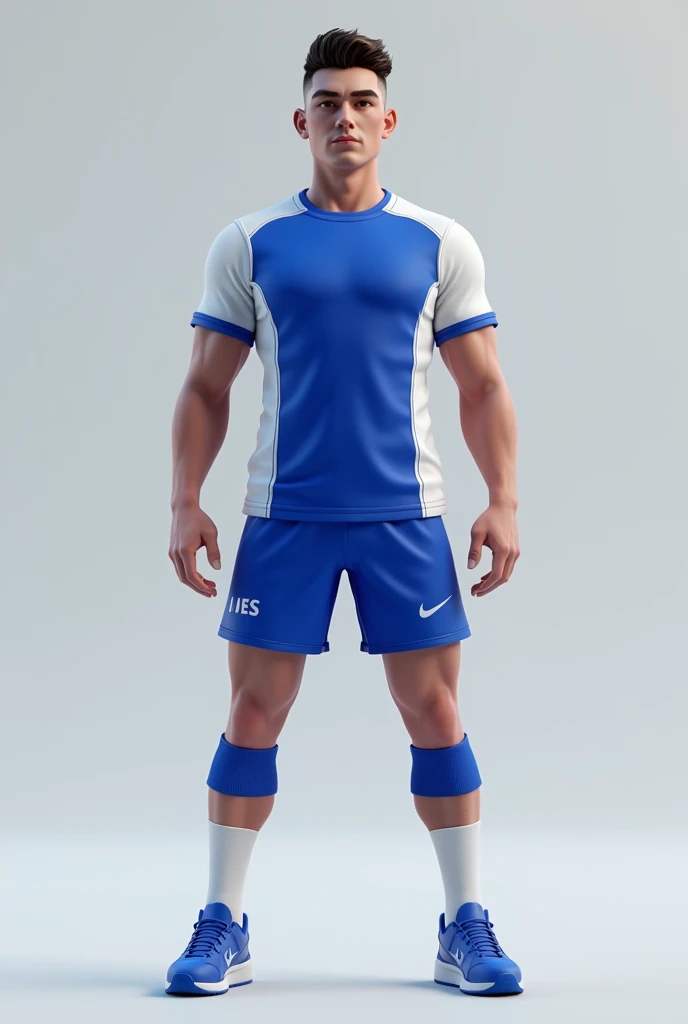 Make a shirt and shorts for a volleyball team, blue and white color, in 3d and 4k