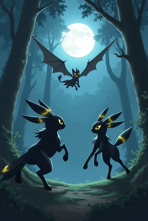 Umbreon and Gliscor battle in a moonlit forest. Umbreon uses its dark-type abilities to blend into the shadows, while Gliscor silently glides from above, using its poison-based attacks and sharp claws to strike from unexpected angles.