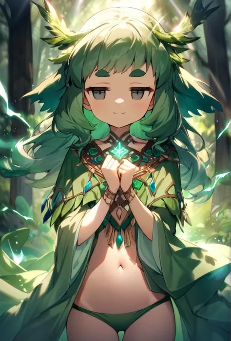 water color,(amazing quality, great quality, top quality, very aesthetic, aesthetic, best quality),A beautiful young forest druid wearing a green robe with intricate decorations, flowing with powerful energy. gentle smile she chants a spell, and glowing ru...