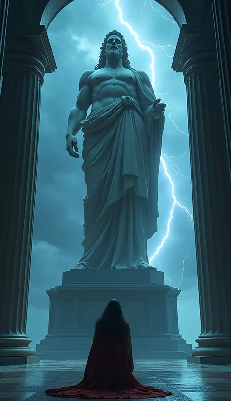 Olympias kneeling before a massive, intimidating statue of Zeus as lightning cracks the sky outside the window. The scene should be bathed in a bluish hue from the storm outside, blending natures fury with divine power. Emphasize her belief that her son is...