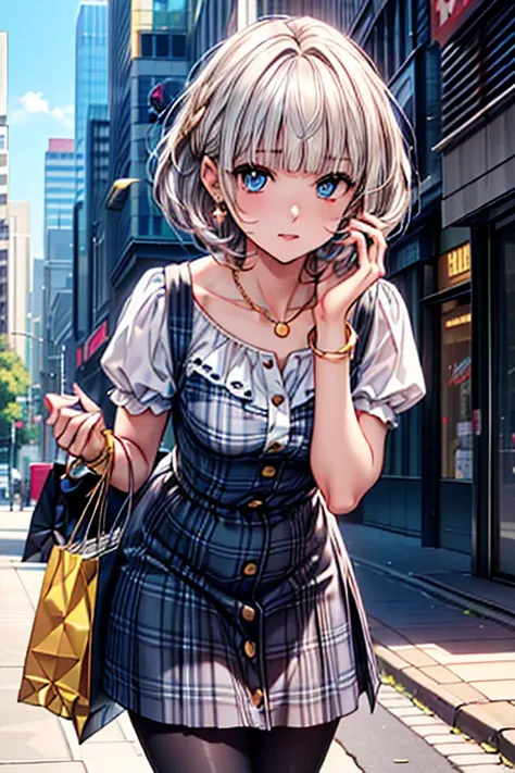 Girl posing for a photo, animeのcute女の子, ((One Girl)), ((Baby Face:1.3)) + ((cute:1.3)), 
BREAK 

((black and white plaid dress:1.5) : (Gold buttons on the front:1.2) + (Frills:1.1) + (Blue ribbon tie:1.1) + (White blouse:1.2)), (Low denier sheer black pant...