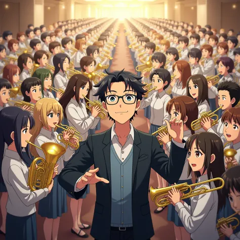 100 young people playing musical instruments, men and women having fun, anime style, brass band hall, the conductor is a man wearing glasses, looking back so that his face can be seen, looking this way